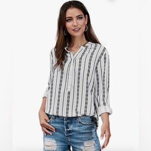 Meufam Women's Long Sleeve V-Neck Stripes Casual Blouse